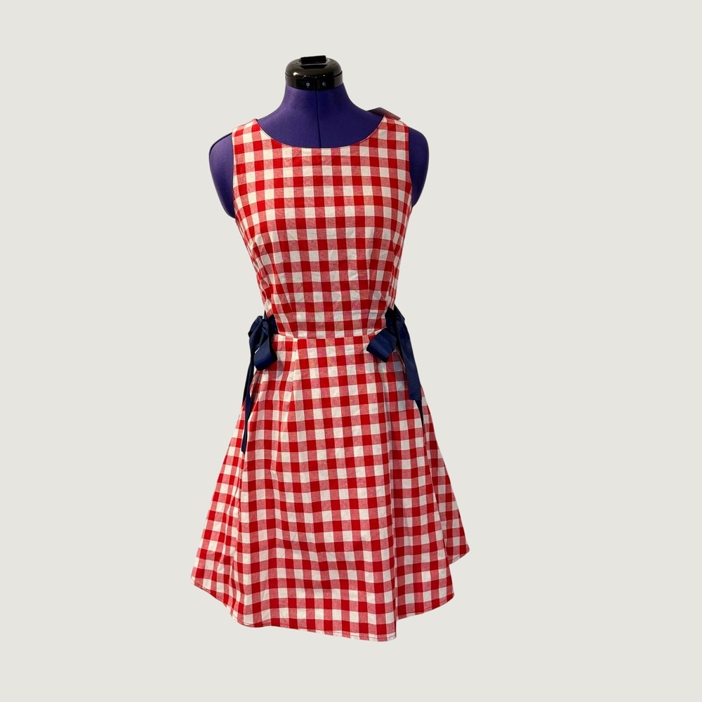 Athene Red White Gingham Fit and Flare Dress Sz XS Navy Bows Sleeveless Retro